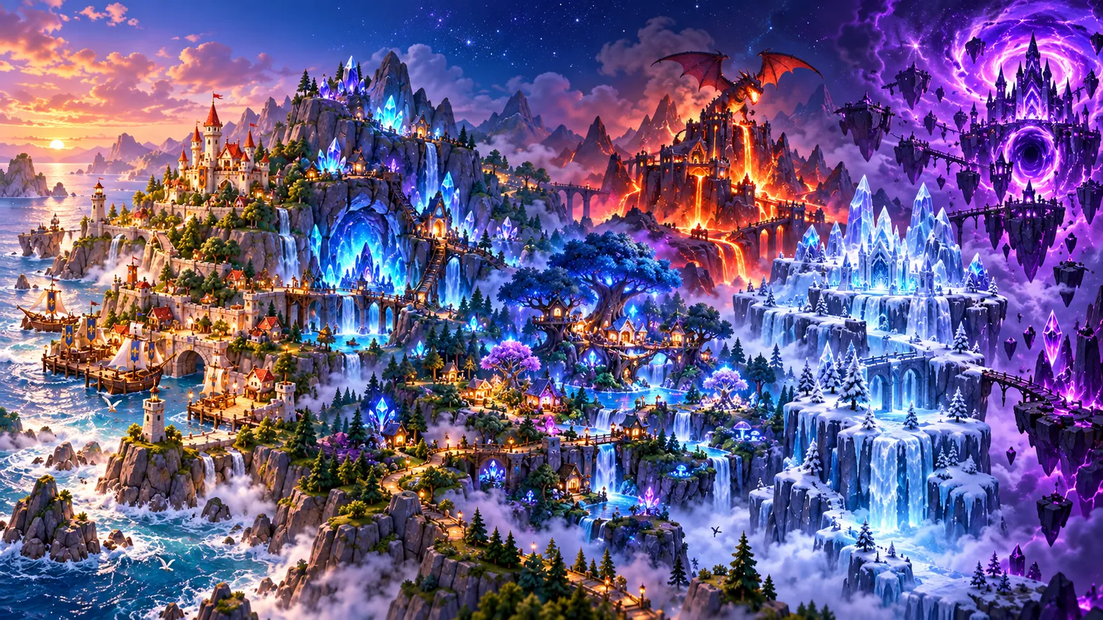 The New Realm: mist shore, crystal caverns, star forest, dragon ridge, glacier throne and the void gate