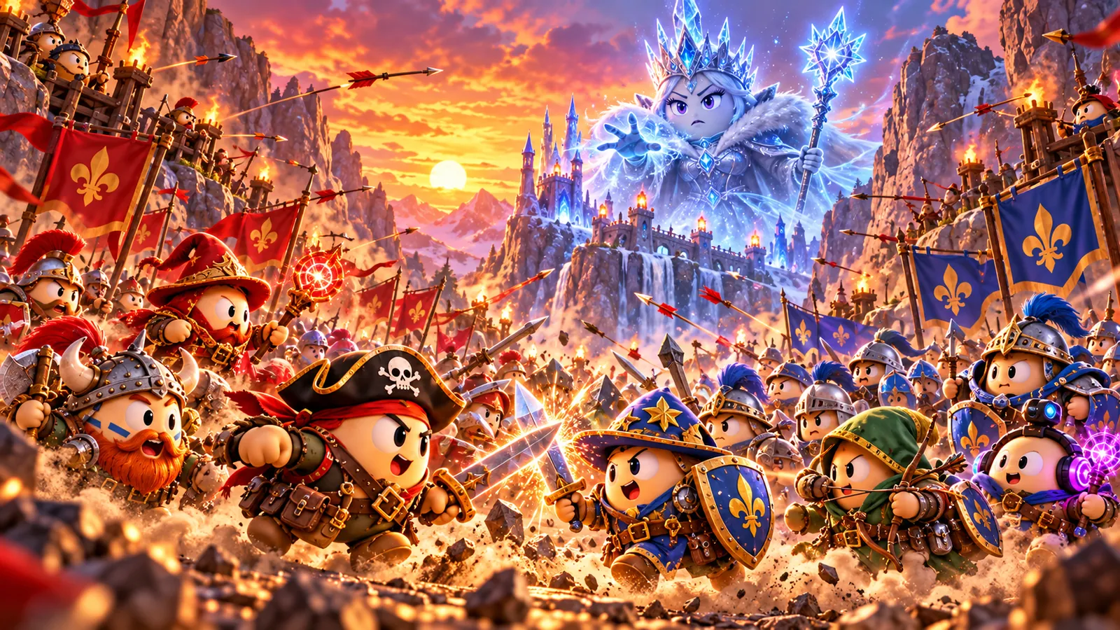 Two armies of egg heroes clash in a mountain pass under the Frost Queen