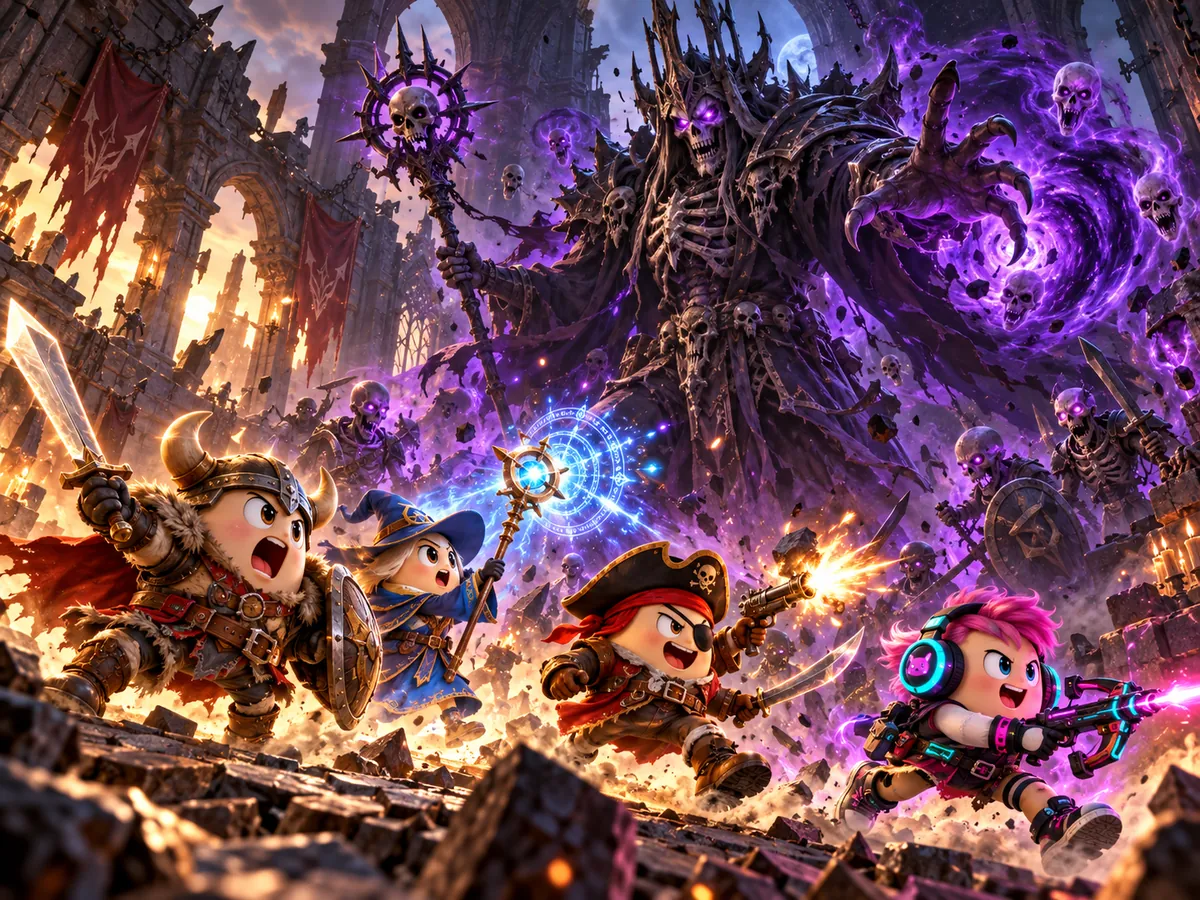 Heroes charging the Black Lich in a ruined keep