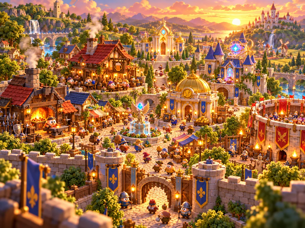 A cozy walled fantasy town with forge, tavern, bank and arena