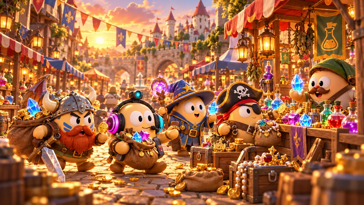 Egg heroes selling loot in a sunset market
