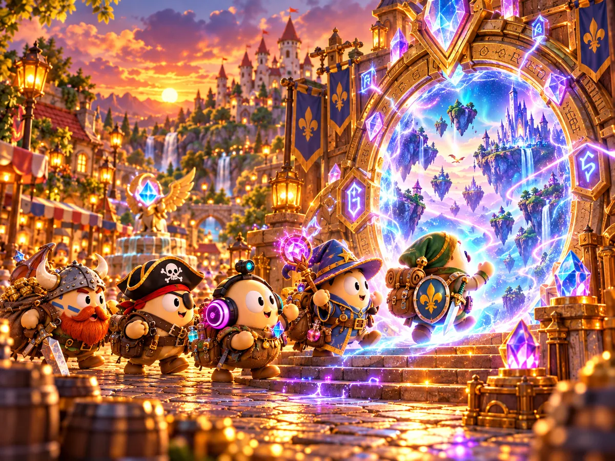 Heroes stepping through the Warp Machine portal to floating islands